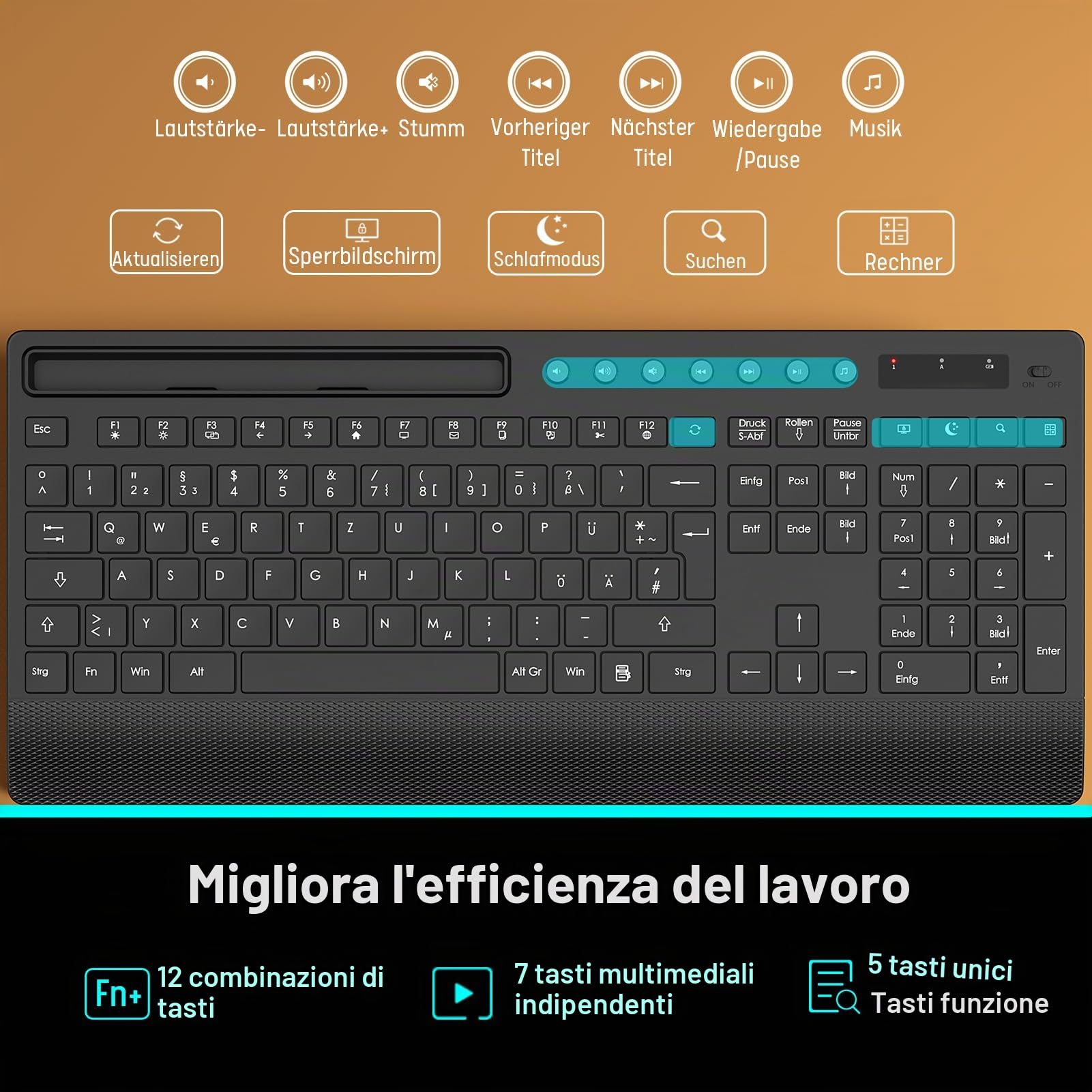 Set tastiera senza fili, tastiera silenziosa da 2,4 GHz con poggiapolsi, supporto per telefono, tasti multimediali, set wireless per Windows, Chrome OS, PC, laptop (batterie) (nero)