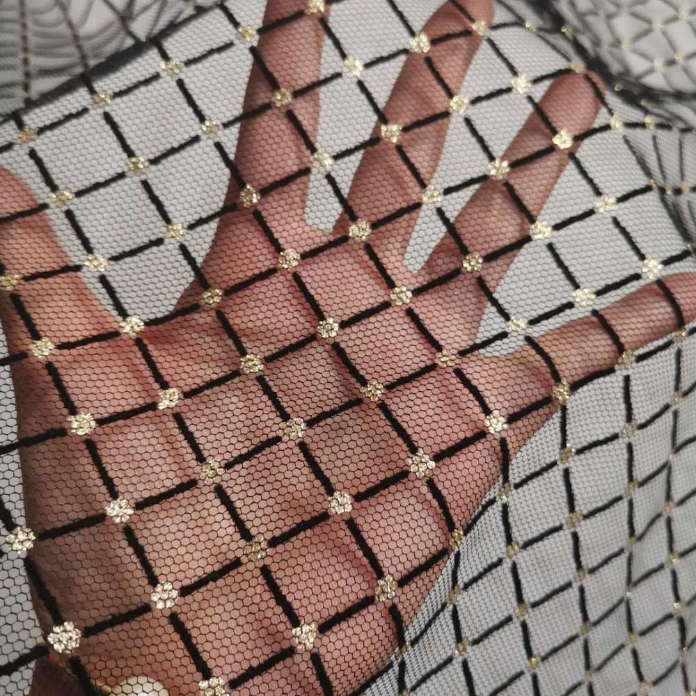 Net Flocking Geometric Diamond Grid Mesh Lace Fabric for ' Tulle Dress Wedding Gauze Skirt Garment Sewing Decorative Fabric - (Color: Black Gold/Size: 45X150Cm(0.5 Yard) - 35G)