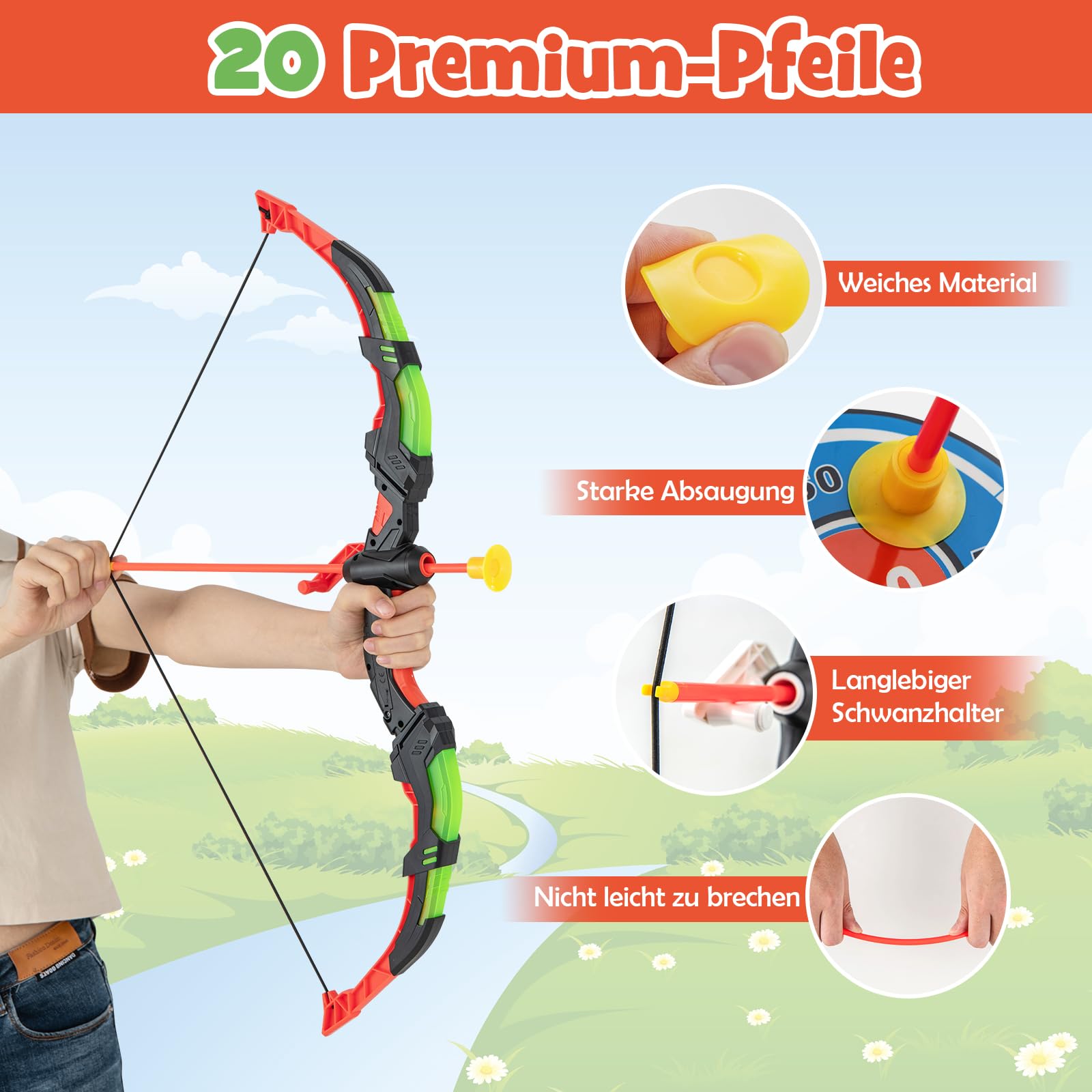 DREAMADE 2 Pack Pfeil und Bogen Spielzeug für Kinder mit LED Leuchten – 2 Bogen & 20 Saugnapfpfeile & 2 in 1 Zielscheibe & 2 Köcher, Bogenschießen Spielzeug Indoor und Outdoor für Jungen Mädchen