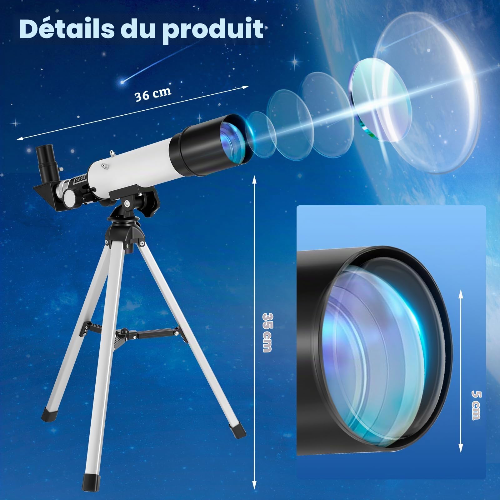 Télescope Enfant Astronomique avec Adaptateur Smartphone pour Astrophotographie Diamètre 50 mm Focale 360 mm Télescope Portable avec Trépied Réglable pour Enfants et Débutants 8-12 Ans