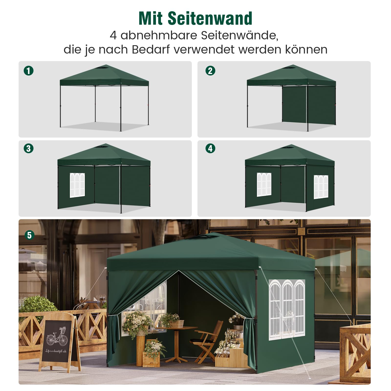 Laneetal Pavillon 3x3 m, Faltpavillon mit Seitenwänden, wasserfest stabil Winterfest, Outdoor Gartenpavillon, Partyzelt Gartenzelt, höhenverstellbar, UV Schutz, Metallrahmen,Grün