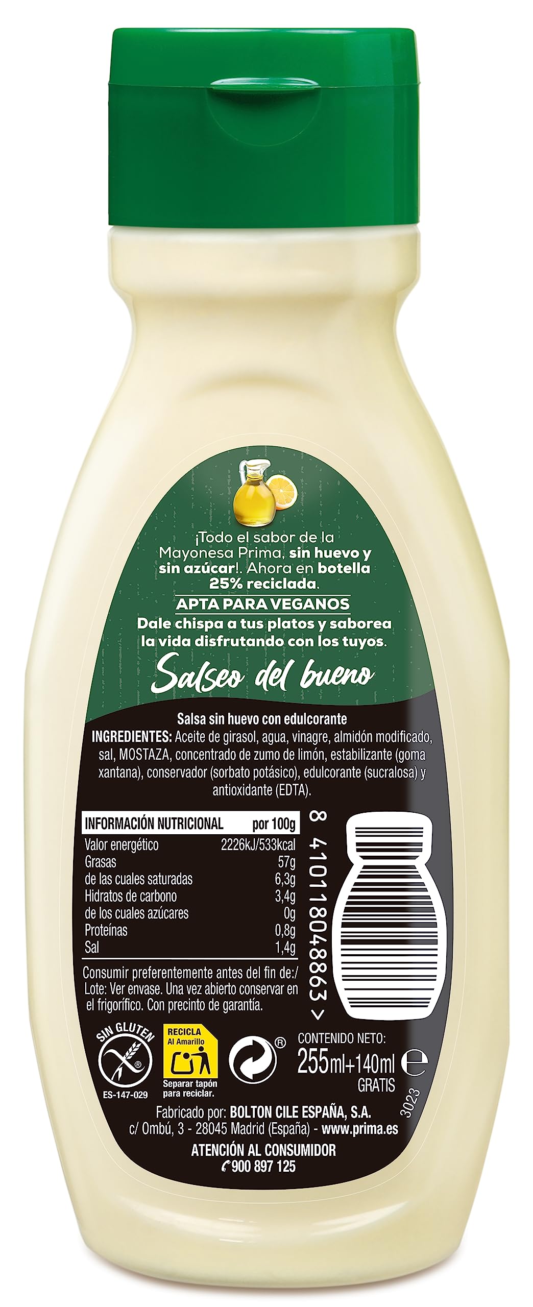 Prima Mayonesa vegana sin huevo sin azúcar 255ml 140ml gratis