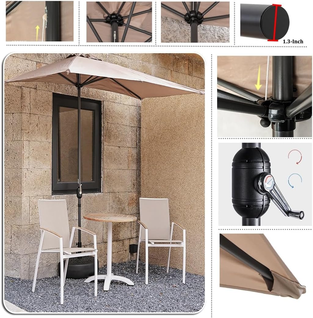 8.2FT Half Rectangular Outdoor Patio Umbrella With Waterproof & Hand Crank Lift System For Wall Balcony Garden Deck Café Half Round Base Included