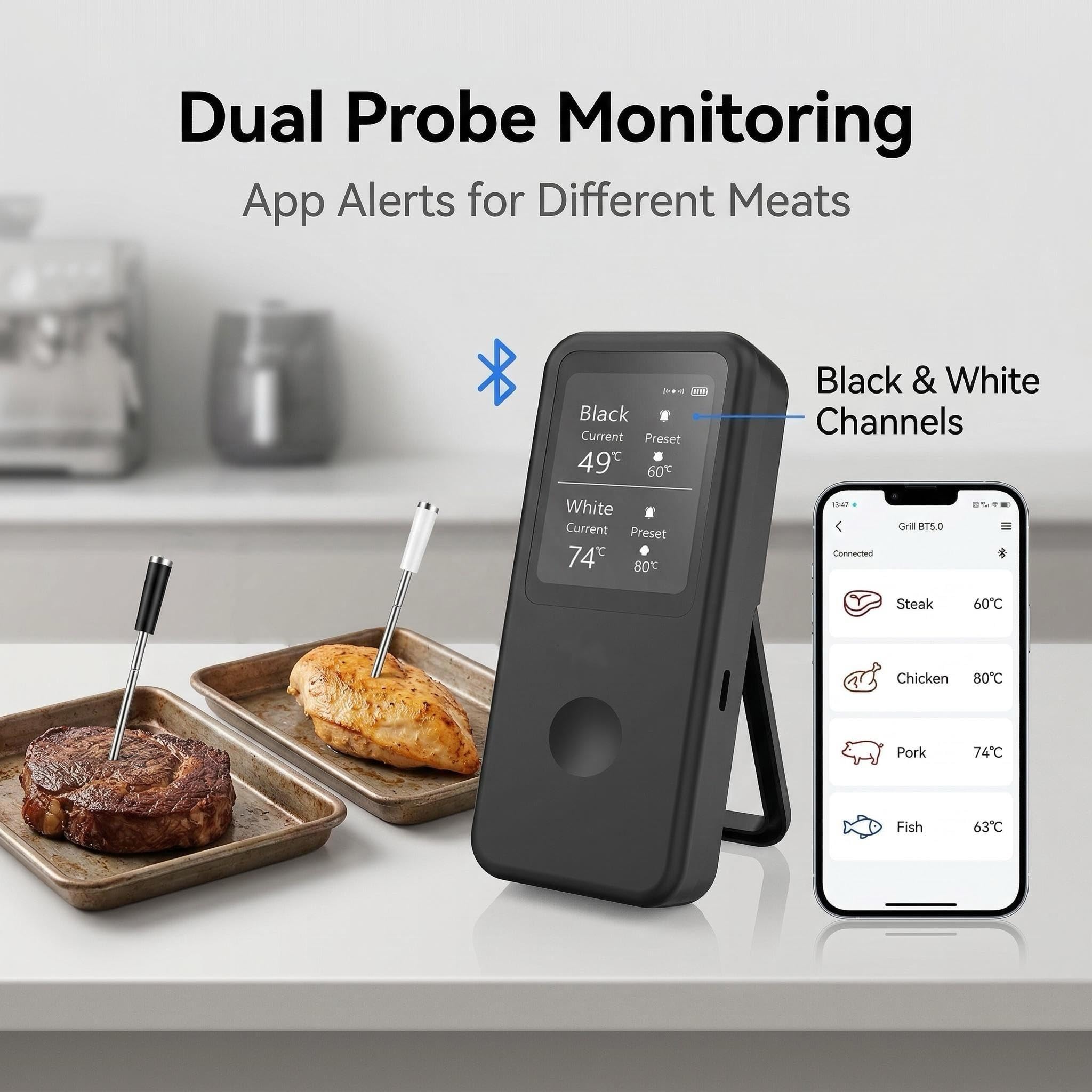 Berrcom 2.4 Inch Wireless Meat Thermometer with Dual Probes, Bluetooth Meat Thermometer with 500FT Range, 400°C Heat-Resistant Probe, Smart App with 12 Presets for Grilling BBQ Oven Smoker