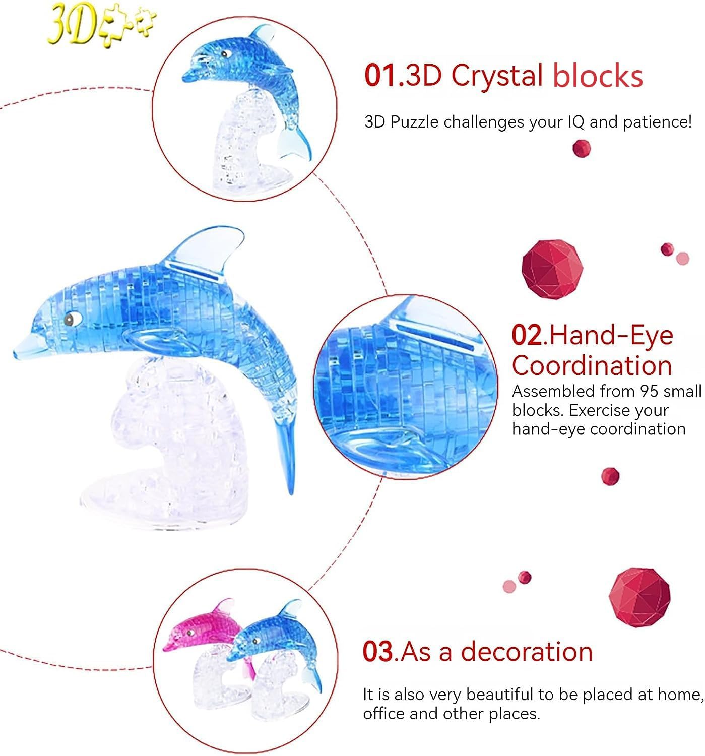 3D Crystal Dolphin Puzzle, Crystal Puzzle Brainteasers for Puzzlers Ages 16 and Up, 95Pcs (Blue-Dolphin)