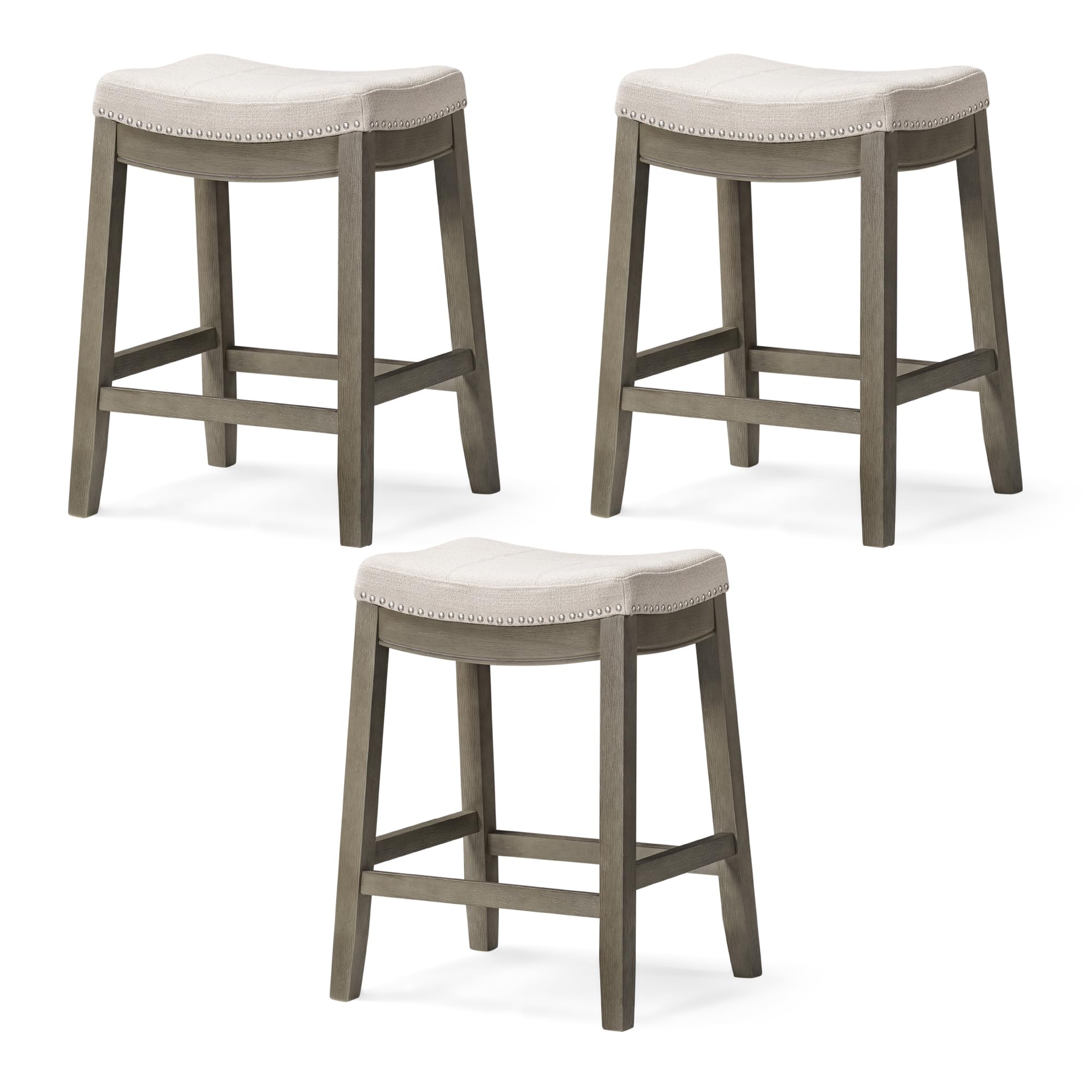 Maven Lane Sophia Backless Counter Stools 26 Inches Set of 3 – Saddle Stools with Footrest – Grey Solid Wood and Grey Fabric Upholstery – Ideal for