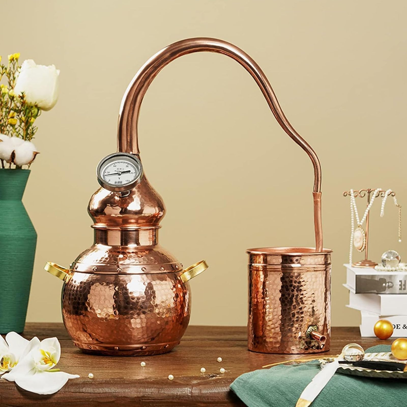 Kit de alambique de cobre puro, cobre Moonshine Still, destilador de hogar de 3 litros con termómetro, parte inferior de estufa de inducción, hermosa artesanía, métodos de calefacción de tubo de