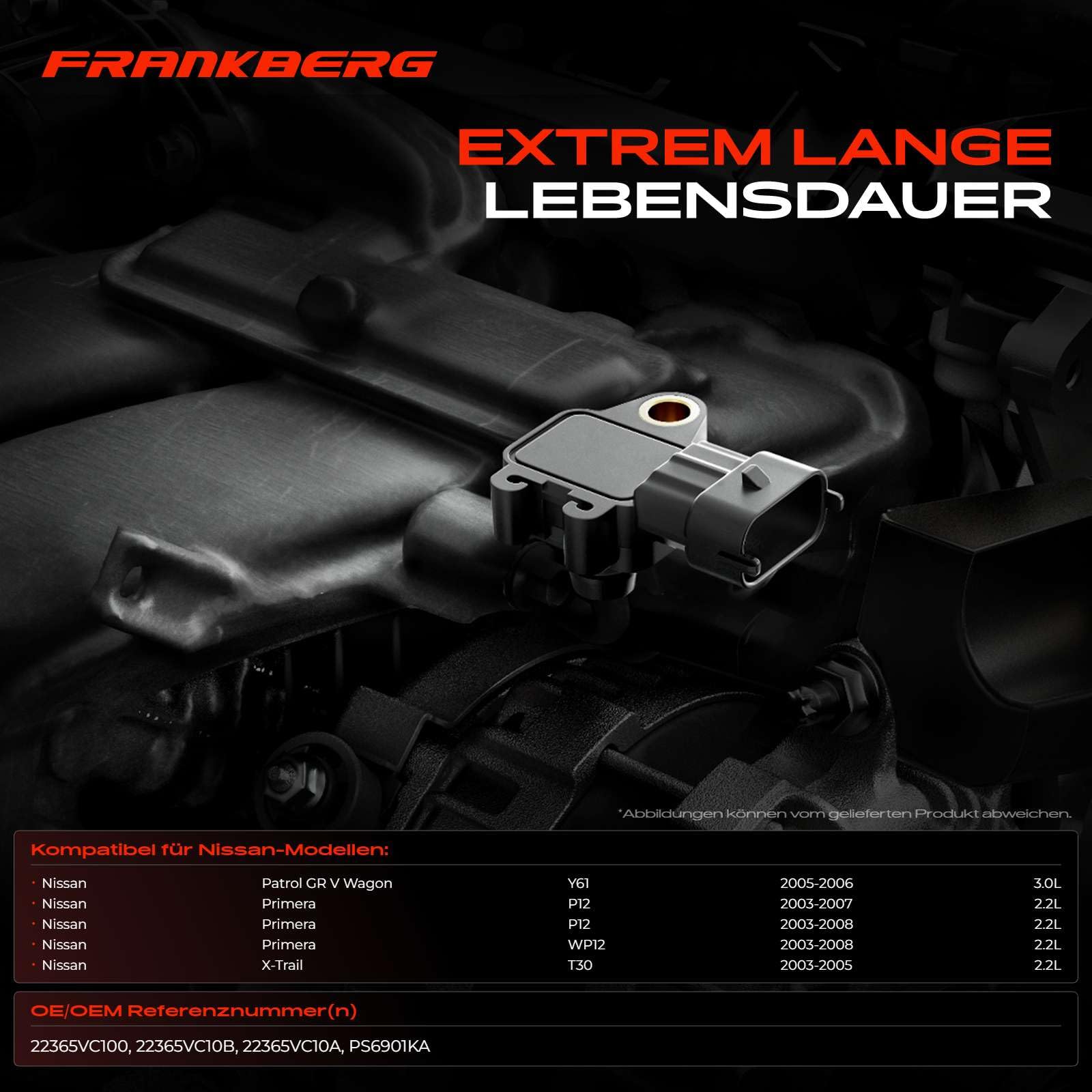 Frankberg Capteur de pression différentielle d'échappement, 3 broches | 22365VC10A; Compatible avec: Primera Hatchback P12, Primera P12, X-Trail T30, Primera Kombi WP12, Patrol GR V Wagon Y61