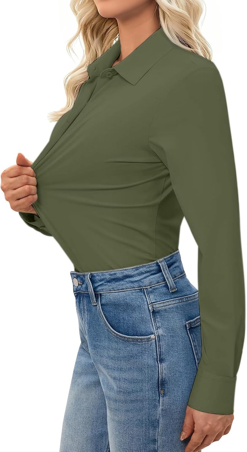Aoudery Button Down Shirts for Women Slim Fit Long Sleeve Stretch Dress Shirts Work Shirt Wrinkle Free Office Blouse Top