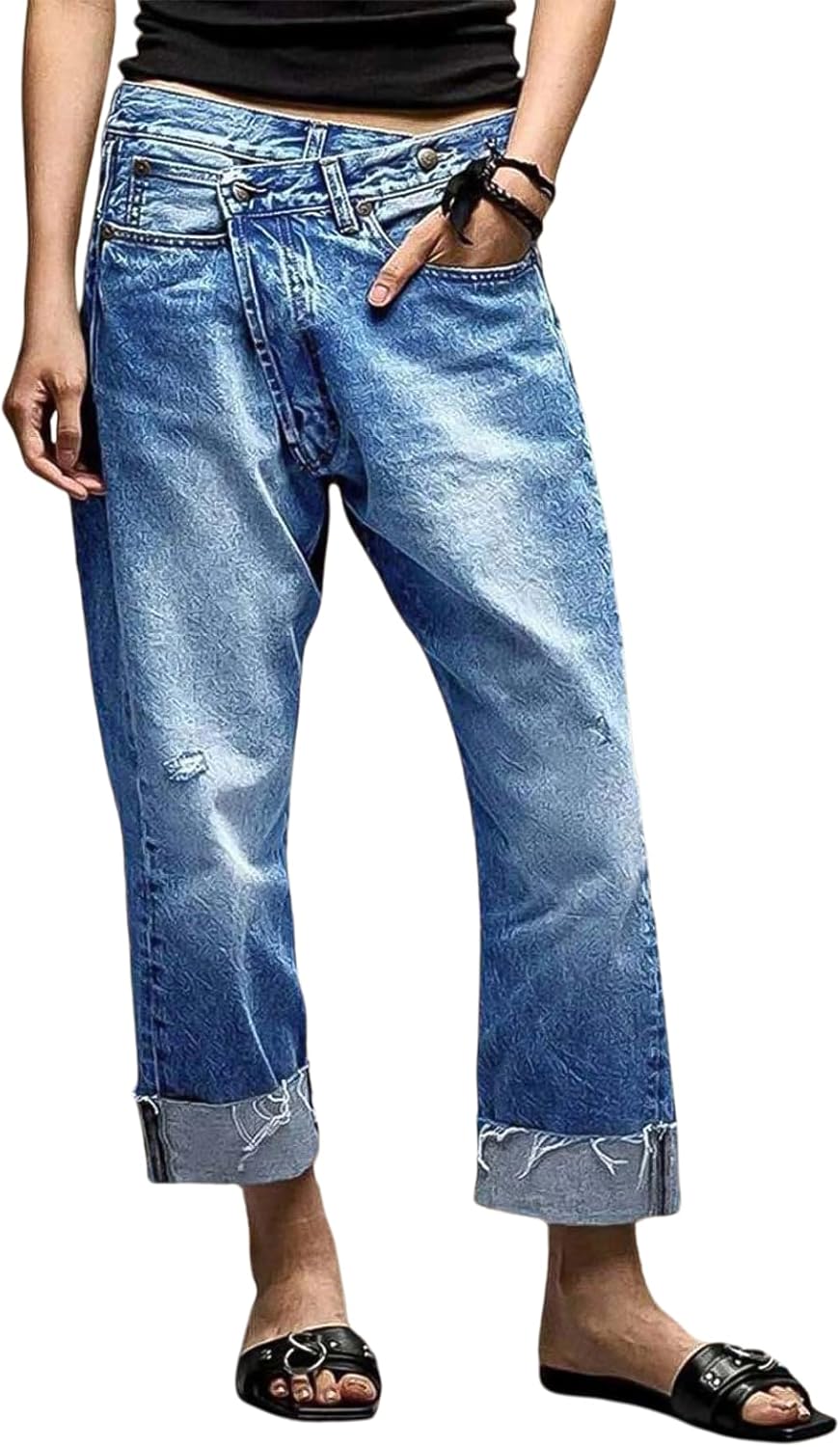 Flamingals Straight Leg Jeans for Women Wrap Mid Rise Cuffed Casual Wash Roll Raw Hem Cropped Denim Pants