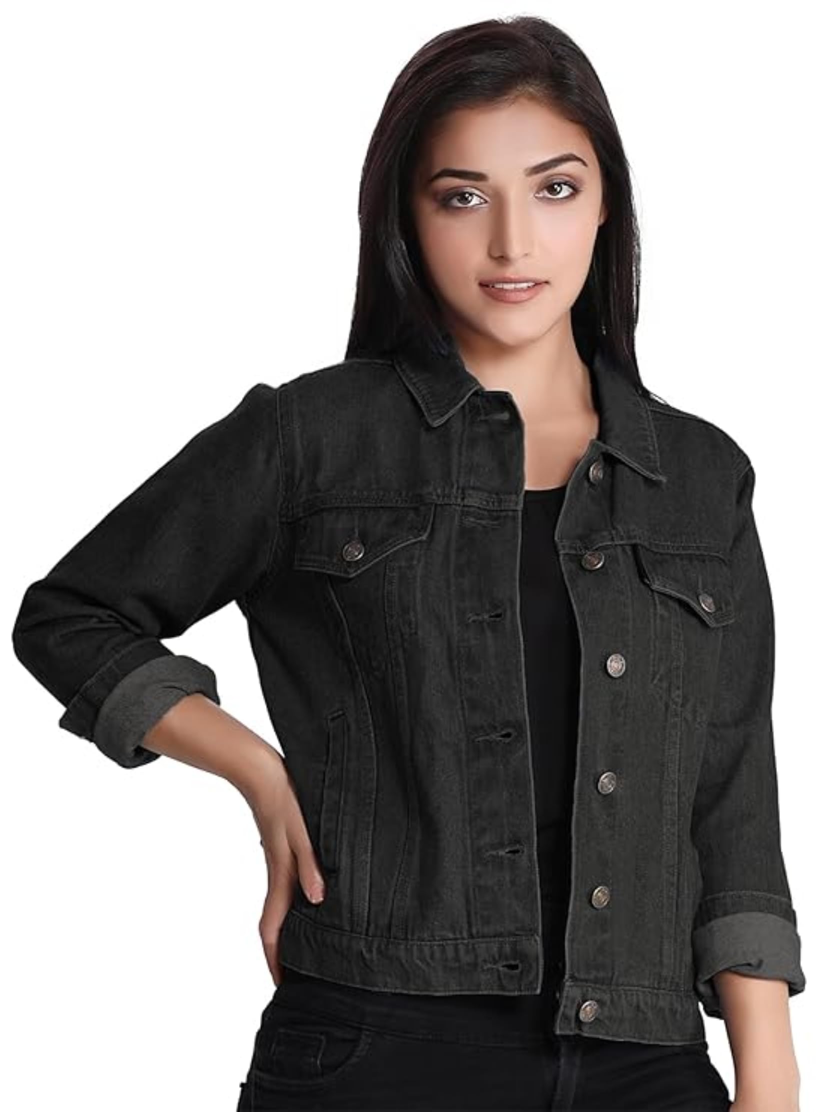Black Woman short 100% Cotton Denim Relaxed Trucker Jacket 34600-image-39