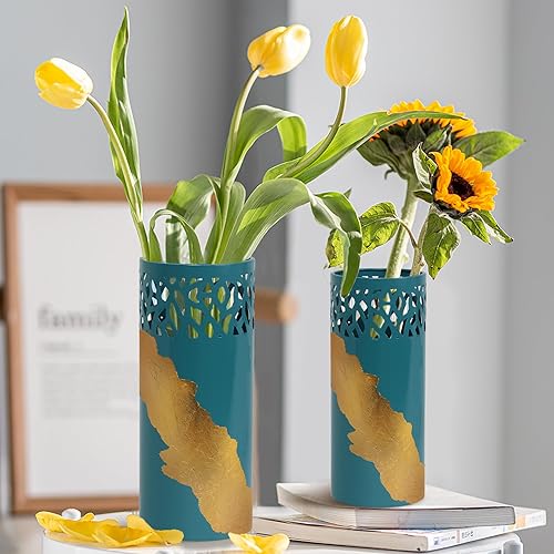 Miniatura 4 de ARNIS 2 jarrones de flores altos, jarrones decorativos azules y dorados para sala de estar, mesa de café, decoración de cocina, 10.25 pulgadas + 8.5