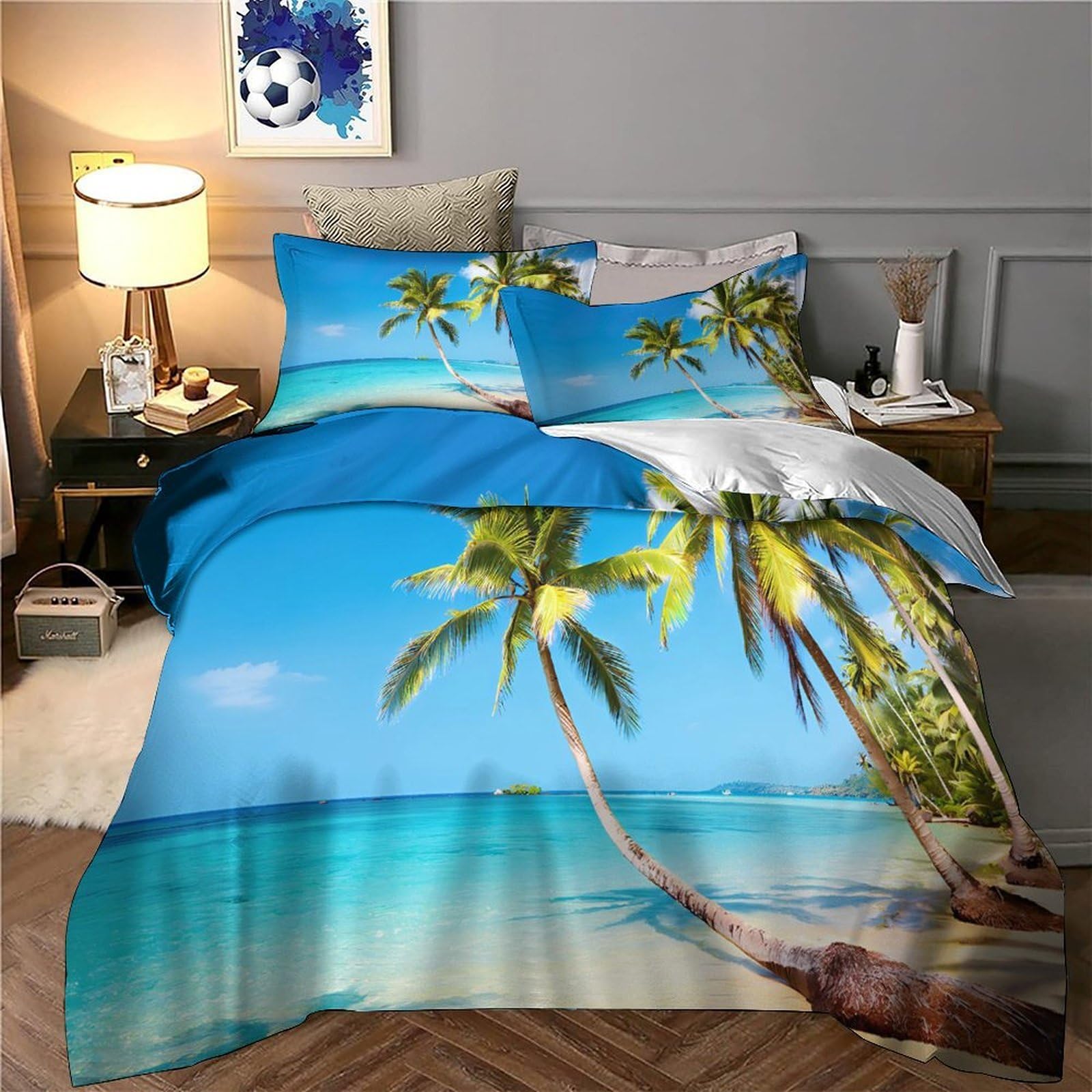 Scena di spiaggia tropicale copripiumino 3 Pezzi microfibra stampa di 3D con federa con federe Fuga di lusso sull'isola Set Di Copripiumino for coppie e adulti King（220x240cm）