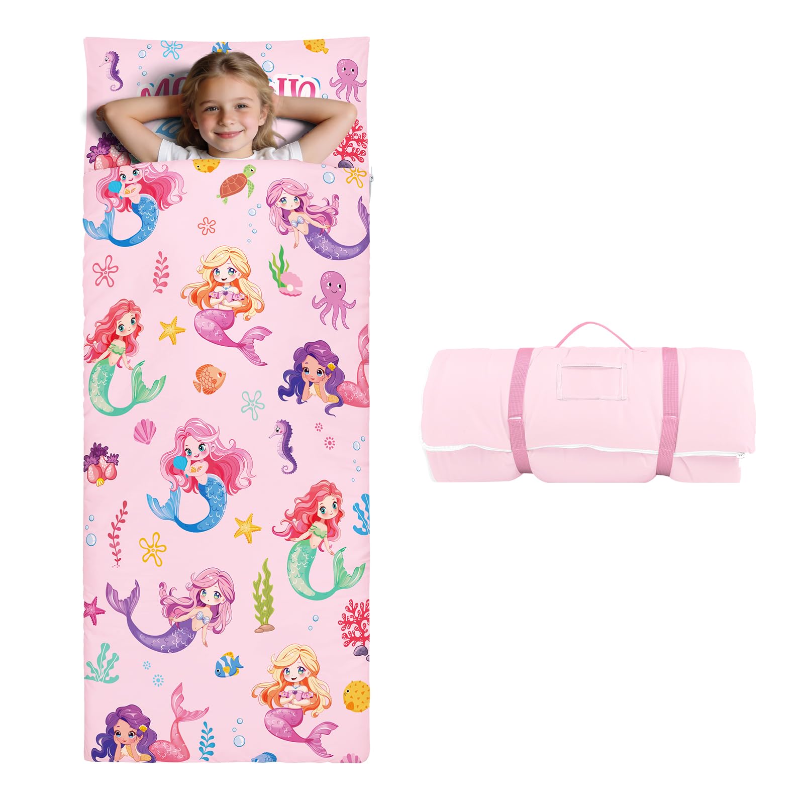 Kids Sleeping Bag-Pillow,Mat and Blanket Included-Comfy Nap Mat for Toddlers Girls,All-In-One Sleepover Bag for Travel Nursery,Gift for Birthday Christmas,Mermaid — image 1