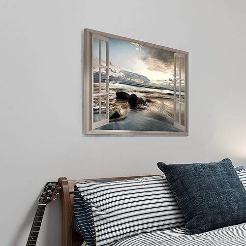 Miniatura 4 de Arte de pared con ventana abierta en el océano lago bajo la puesta de sol, pintura en lienzo, imagen de playa, costera, moderna, relajada, obra de