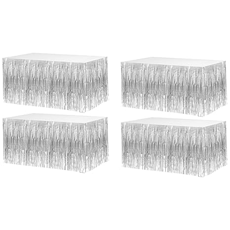 4 Pack Silver Metallic Foil Fringe Tinsel Table Skirts for Rectangle Tables Streamer Curtains Backdrop