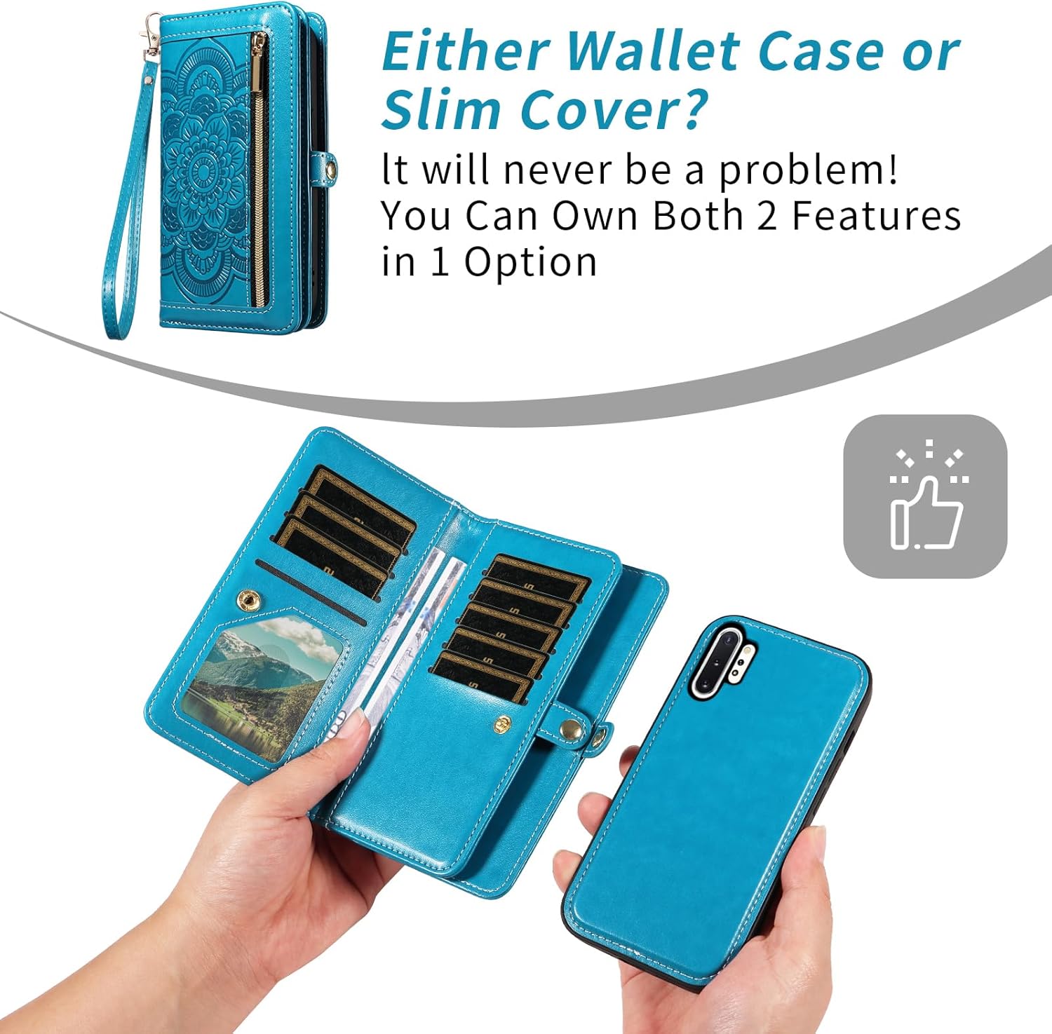 Asuwish Phone Case for Samsung Galaxy Note 10 Plus Note10+ 5G Zipper Wallet Cell Cover with Tempered Glass Screen Protector Strap Flower Card Holder Note10 + Notes 10+ Ten Not S10 10Plus Women Blue