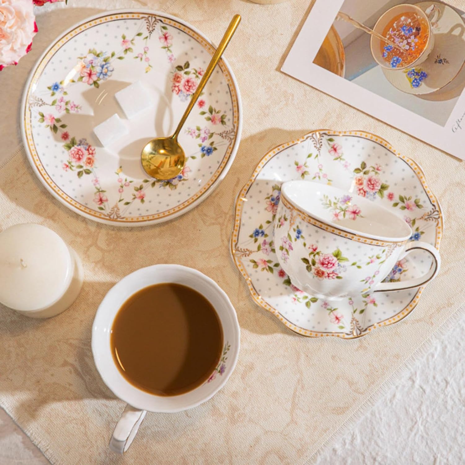 Vintage Tea Cups and Saucers,Ceramic Coffee Cup with Saucer,Rose Flower Cup and Saucer with Gold Leaves Trim,Tea Cup Set,Tea Cups and Saucers,for Coffee,Latte,Cappuccino,Teaparty,Gift