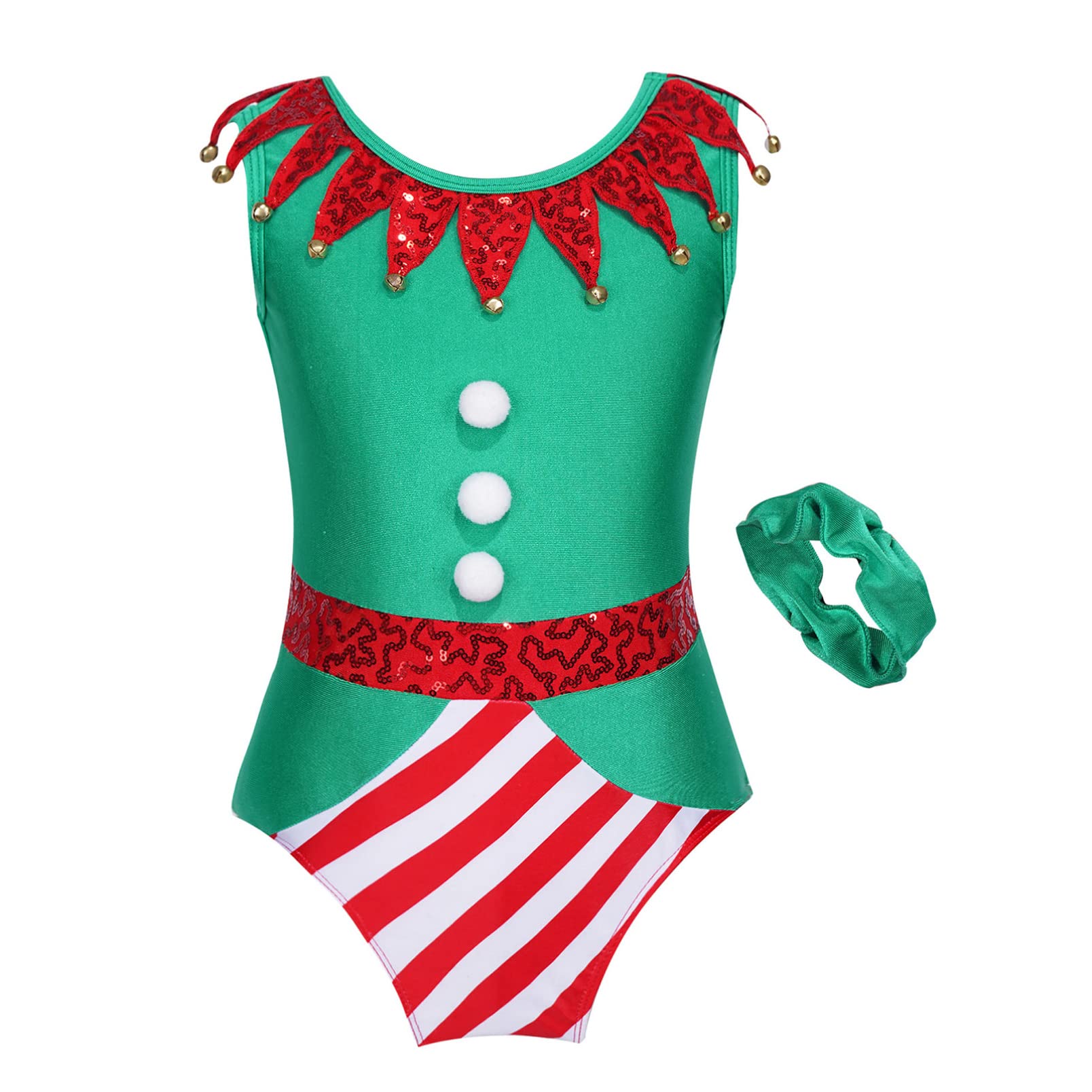 dPois Maillot de Danza Ballet Sin Manga para Niña Lentejuelas Leotardo Gimnasia Ritmica Mono Disfraz Elfo Disfraz de Navidad Duende Navideño 4-14 Años