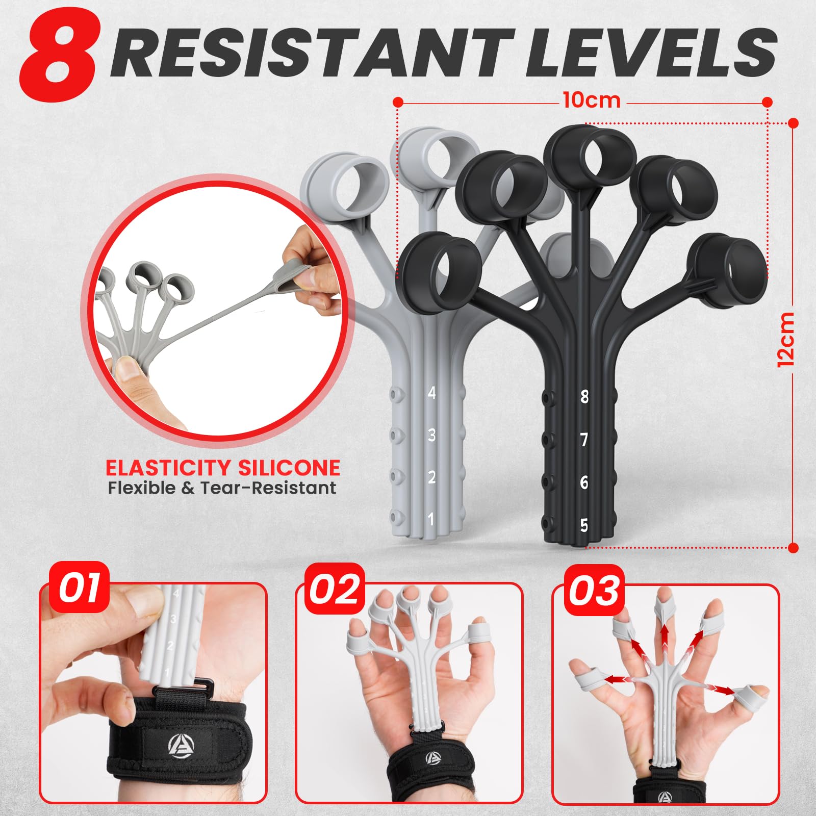FUNFLEX Allenatore Mano Dita, Set Forza Presa Regolabile 5 Pezzi, Trainer Avambraccio, Estensore Dita, Fascia Polso Neoprene, Grip Ring, Allenamento Mano e Avambraccio