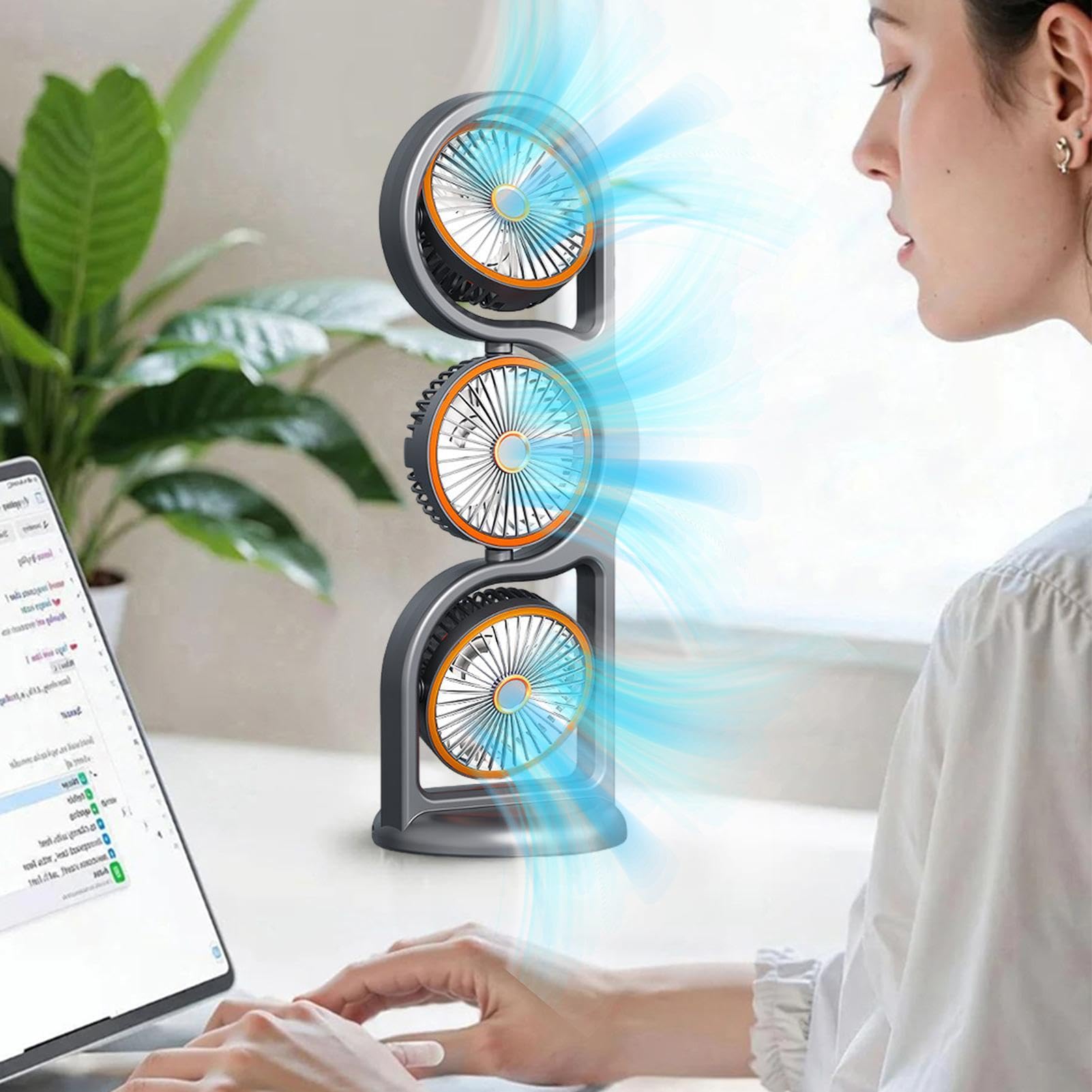 Ventilatore da Scrivania per Ufficio 5 Modalità 3 Teste Rotazione a 360° | Ventilatore Da Tavolo Portatile A Tre Teste per Casa, Appartamento, Camere, Esterno, Campeggio, Pesca, Pic