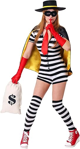 Miniatura 2 de Women's Burglar Costume Set Striped Romper & Socks, Eye Mask, Gloves, Cape & Top Hat Bank Robber Outfit