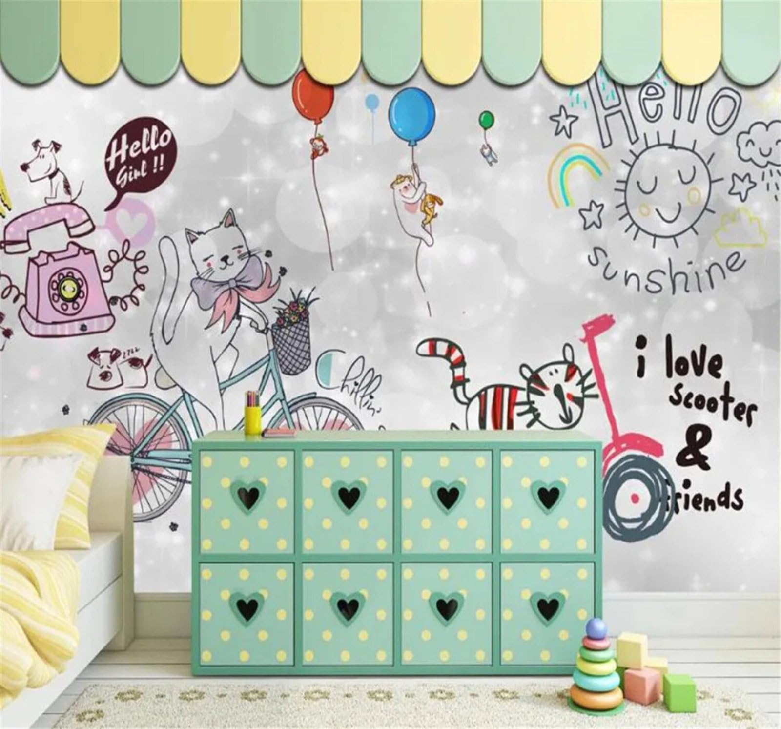 Tzxztt Hand Drawn Cartoon Animals Kittens Balloons Modern 3D Wallpaper Premium Textured Silk Neutral Tones Material Ideal for Living Room Bedroom-350cm×256cm