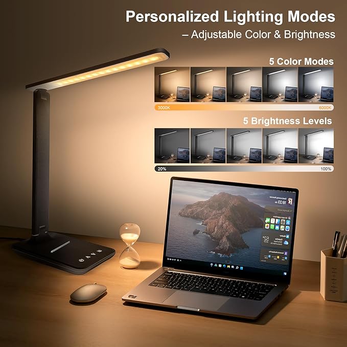 shinelife shinelife LED Desk Lamp for Office Home, Bright Desk Light with USB Charging Port, Adjustable Dimmable Desk Lamps 5 Modes 5 Brightness, Touch Study Lamp for Nail, Craft, Puzzle, Sewing, Study, Black photo 3