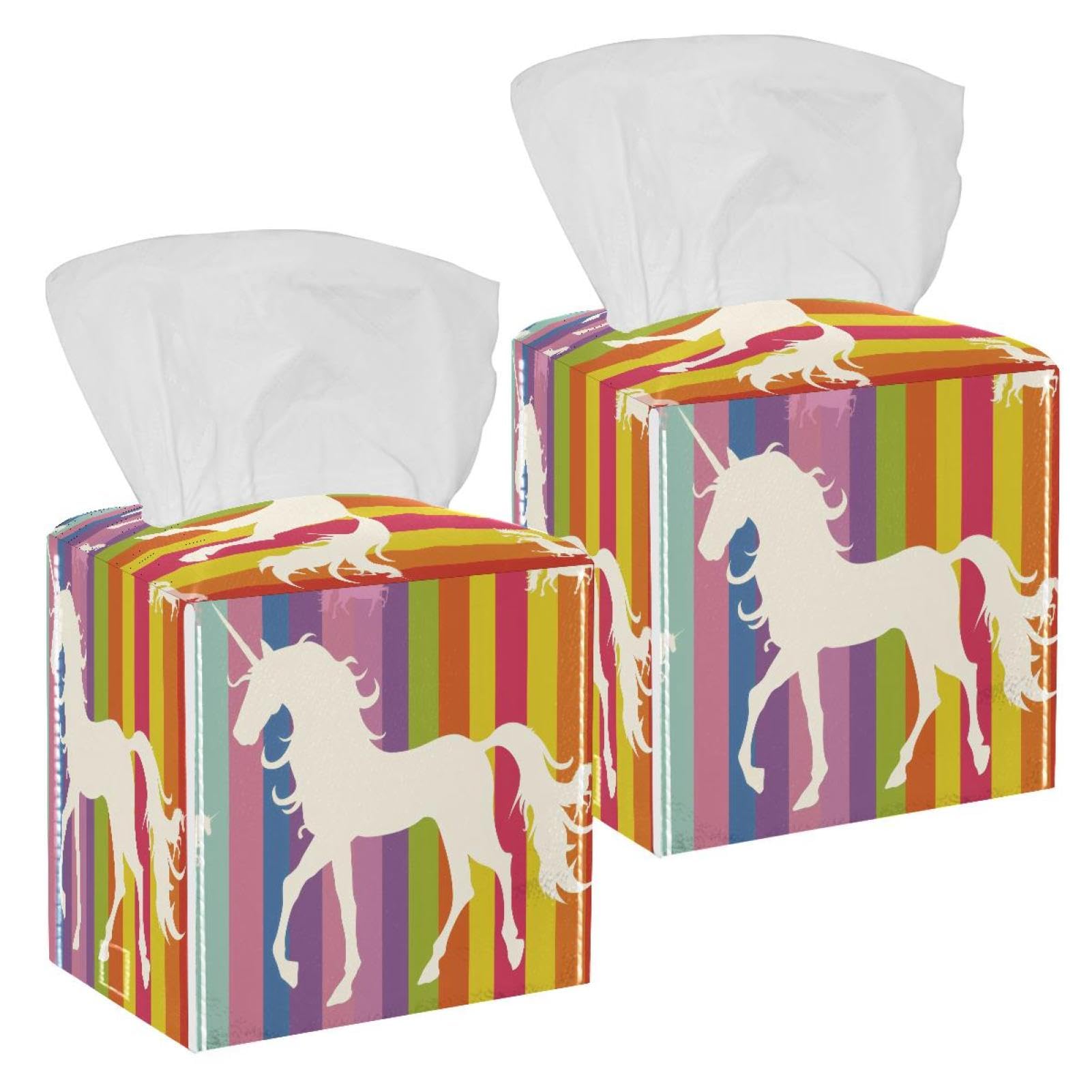Unicorn Silhouette Tissue Box Cover, 2 Pack PU Leather Square Facial Tissue Dispenser Box holder for Home Office Car