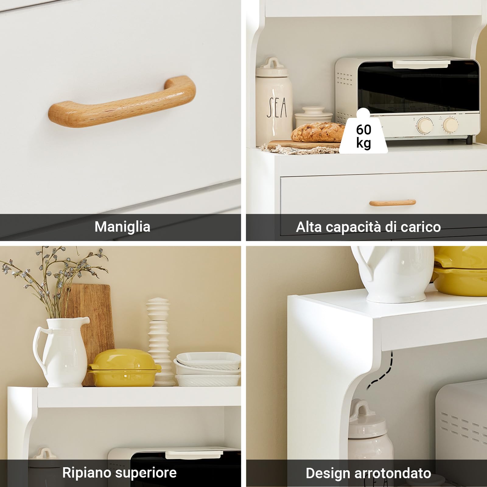 SoBuy mobile cucina salvaspazio con piano di lavoro, carrello con ruote con cassetto e anta, credenza bianca per microonde e dispensa, mobiletto per cucina 62x119x40 cm FSB12-W
