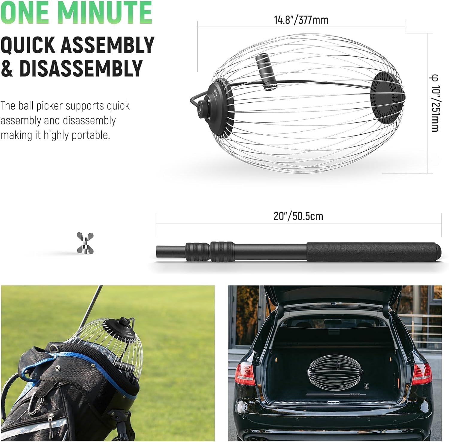 NEEWER Raccoglitore Tramoggia di Palline da Tennis Rapido a Rullo, per Raccogliere Fino a 40 Palline da Tennis/Golf/Pickleball da 1,5"-3" Senza Piegarsi, Manico Telescopico da 77-148cm/30"-58", TB01S