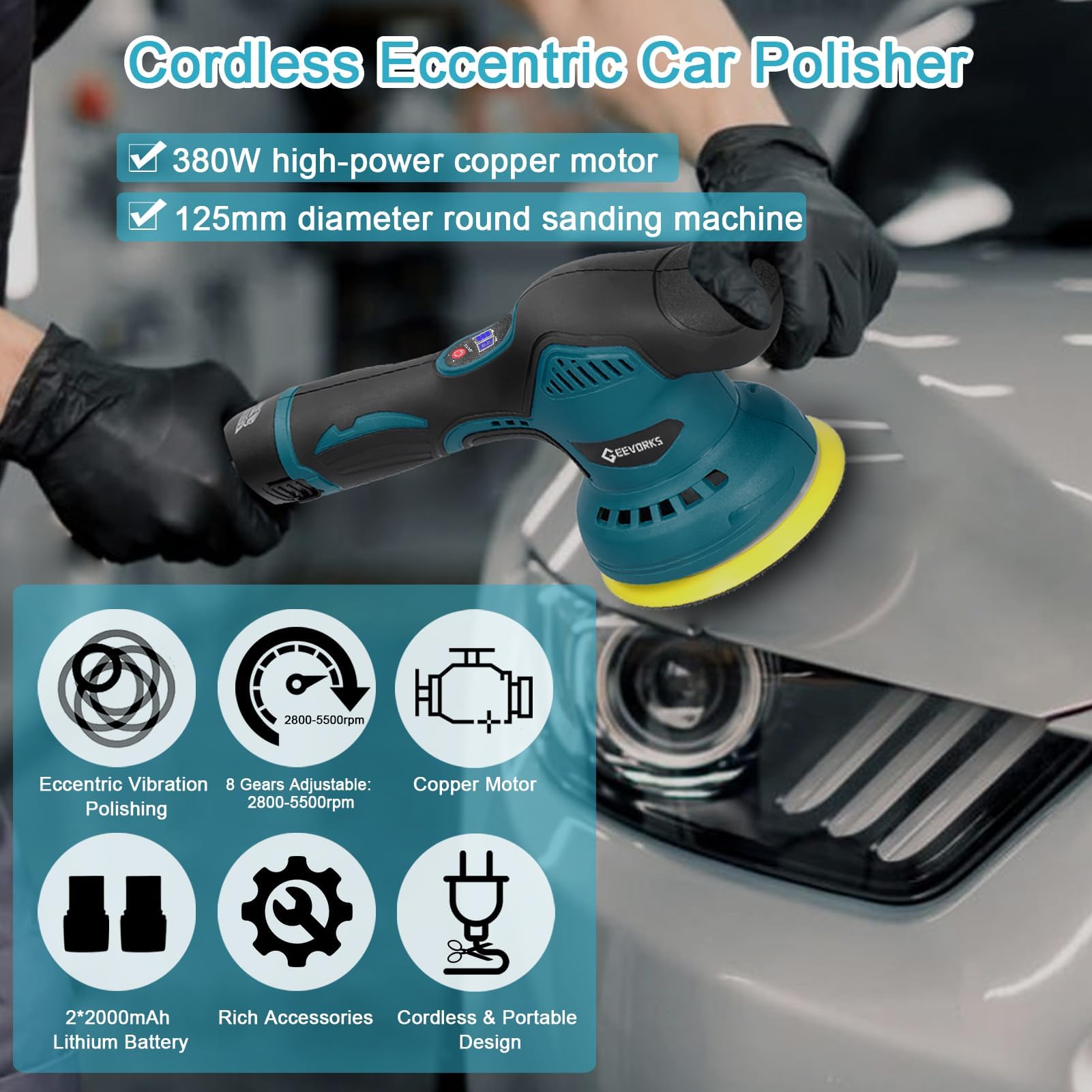 Geevorks Pulidora Coche Bateria,Pulidora Orbital Excéntrica, Maquina Pulidora Coche sin Cable,Base de 125mm, 8 Velocidades Variables,con 2 Baterías,2800-5500RPM,Ruido Bajo,para Coches,Barcos,Muebles