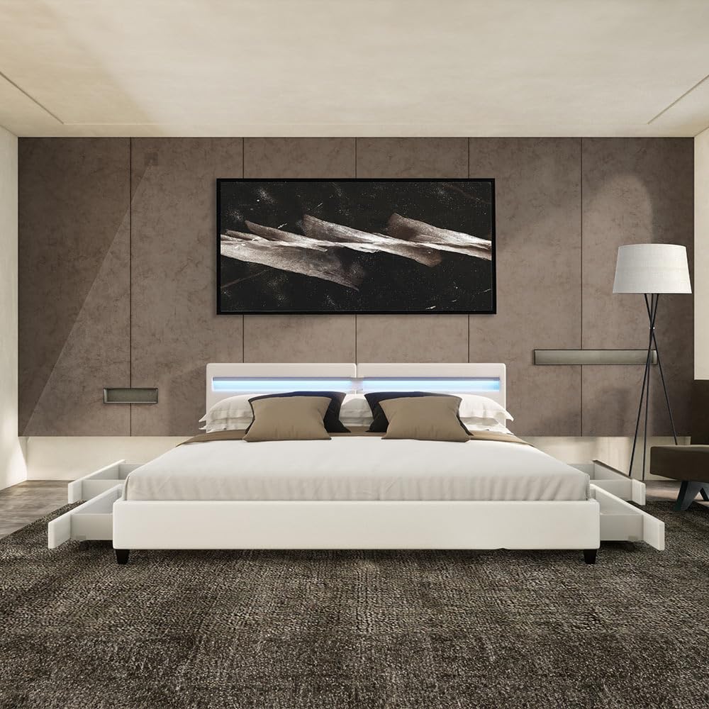 Home Deluxe - Letto LED NUBE - bianco, 200 x 200 cm - inclusa rete a doghe e cassetti I letto imbottito letto design inclusa illuminazione