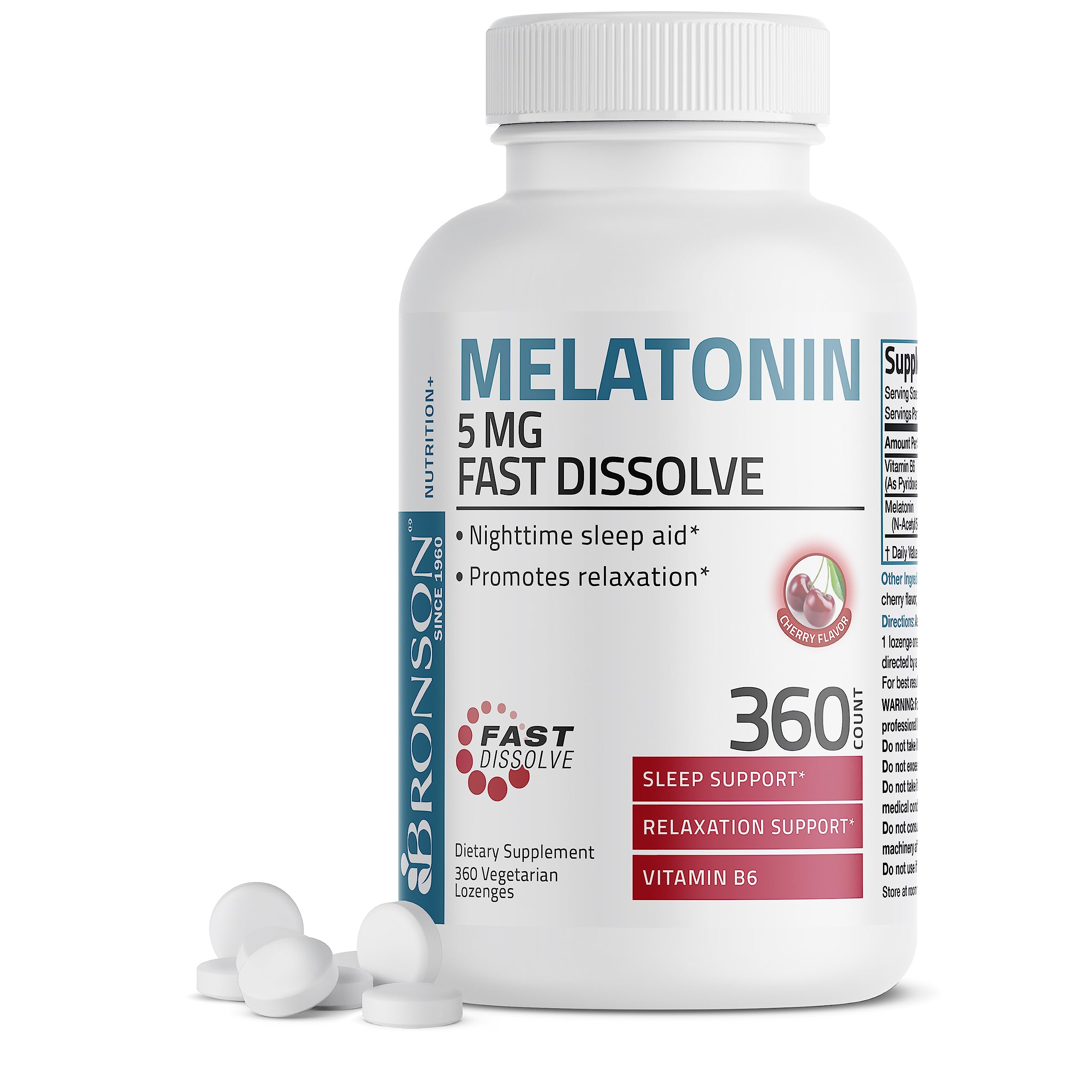Bronson Melatonin 5mg Fast Dissolve Cherry Flavor Tablets with Vitamin B6 - Nighttime Sleep Aid - Promotes Relaxation, 360 Vegetarian Chewable