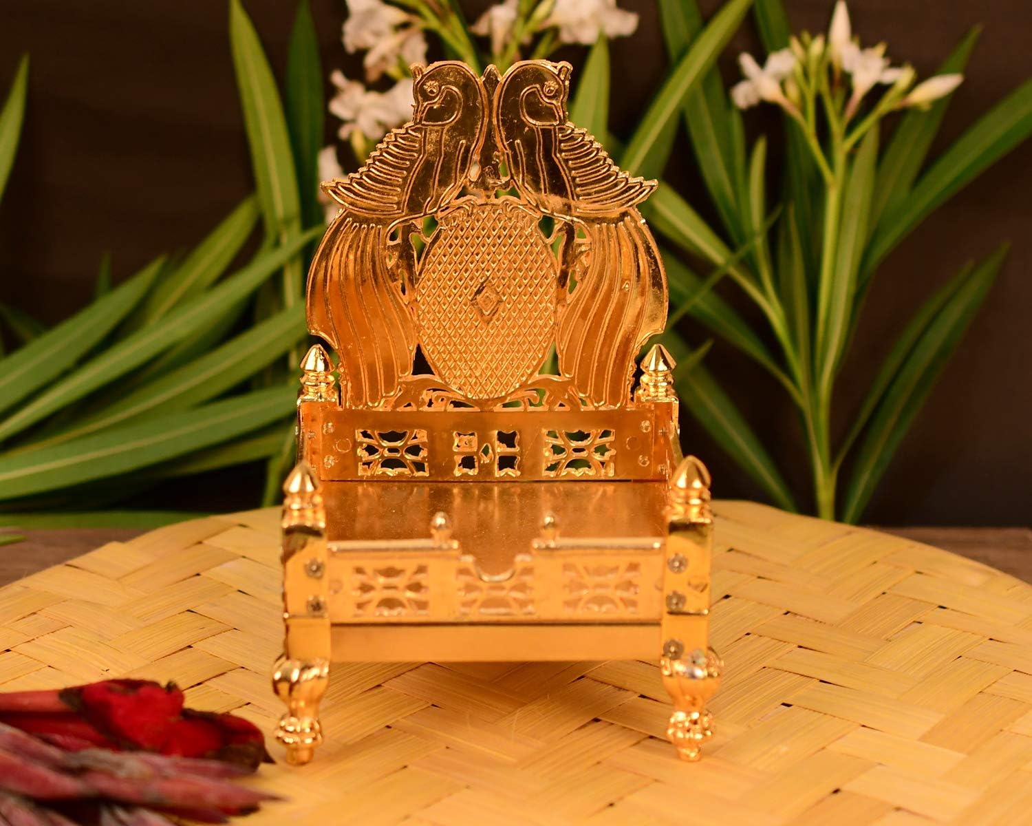 Collectible India Metal Gold Plated ladoo Gopal Singhasan Pooja Chowki mandir for God Thakur Puja Idol Peacock Design Decoration Items (Size 6.5 x 4 Inch)