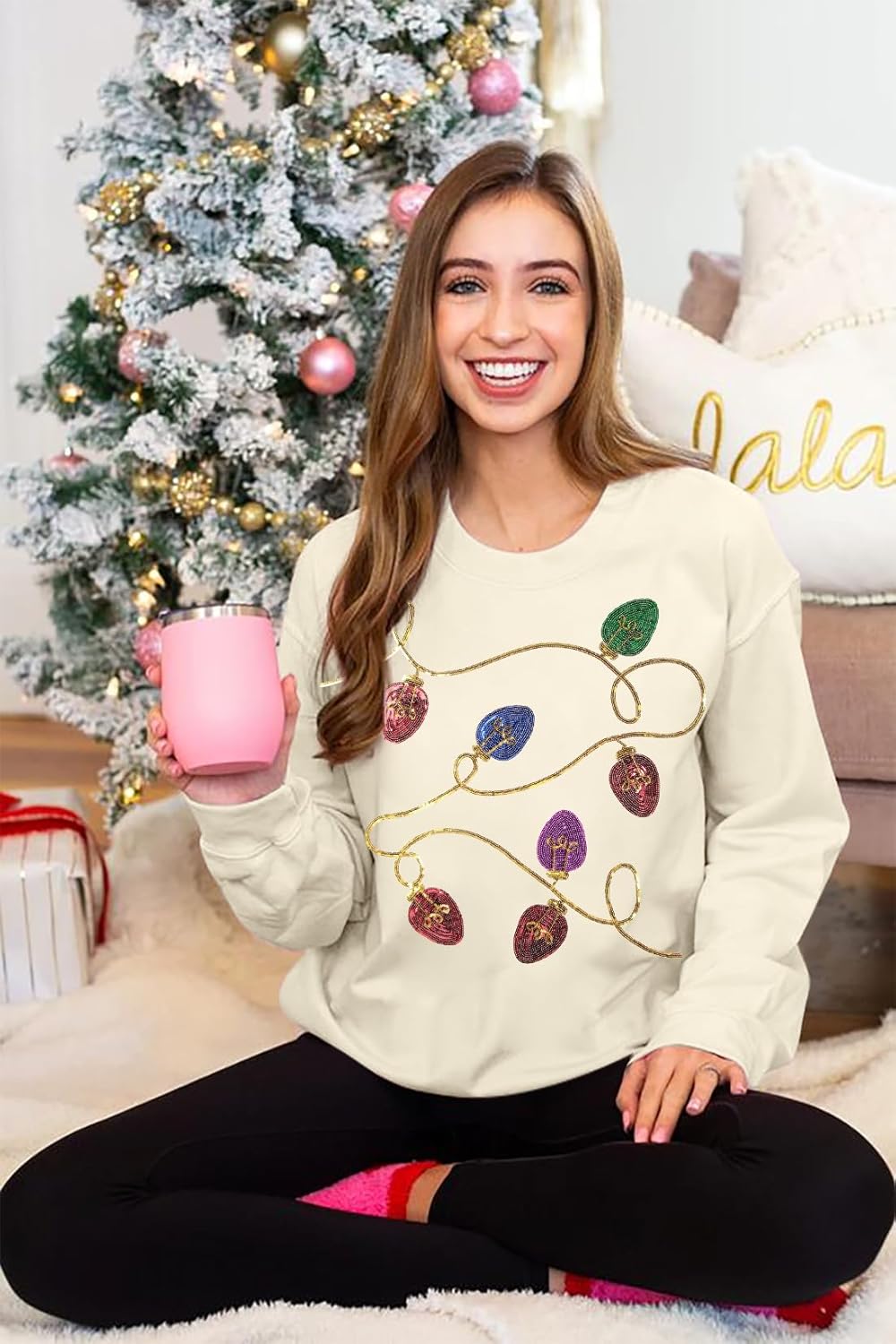 BANGELY Christmas Sequin Sweatshirt Women Christmas Light Sweatshirts Xmas Long Sleeve Shirts Holiday Crewneck Pullover Tops - Image 2