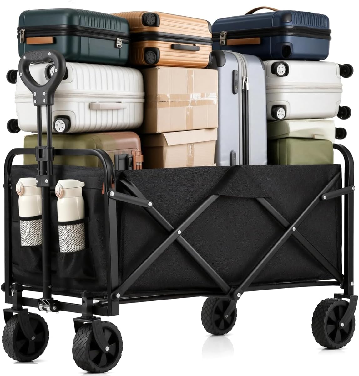 Collapsible Wagon Cart Foldable 37" L 480lbs Capacity, Heavy Duty Beach Wagon, Shopping Carts with Wheels for Grocery, Camping, Shopping, Fishing, Garden Cart