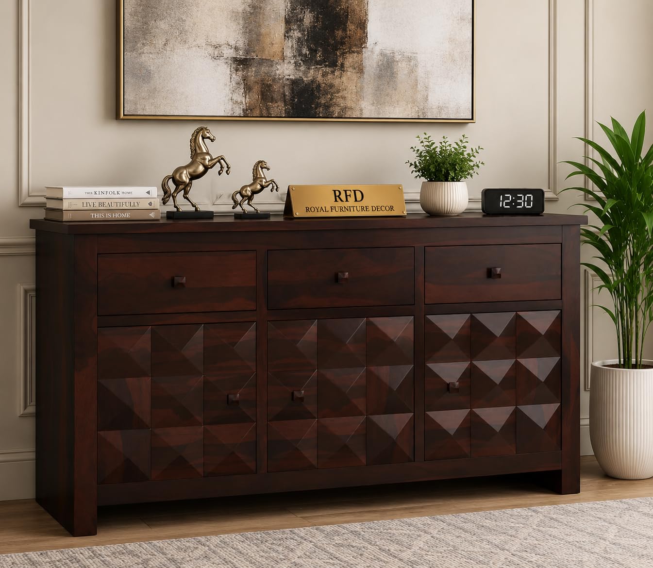 Royal Furniture Decor Solid Sheesham Wood Wooden Sideboard Storage Cabinet & Chest of Drawer : Ideal for Living Room and Bedroom with 3 Drawers and 3-Shelf Storage (Morse,Walnut)-image-36