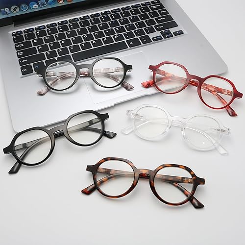 Miniatura 6 de eyeezi Paquete de 5 lentes de lectura con bloqueo de luz azul para mujeres y hombres, elegante bisagra de resorte redonda UV400 para lectores de