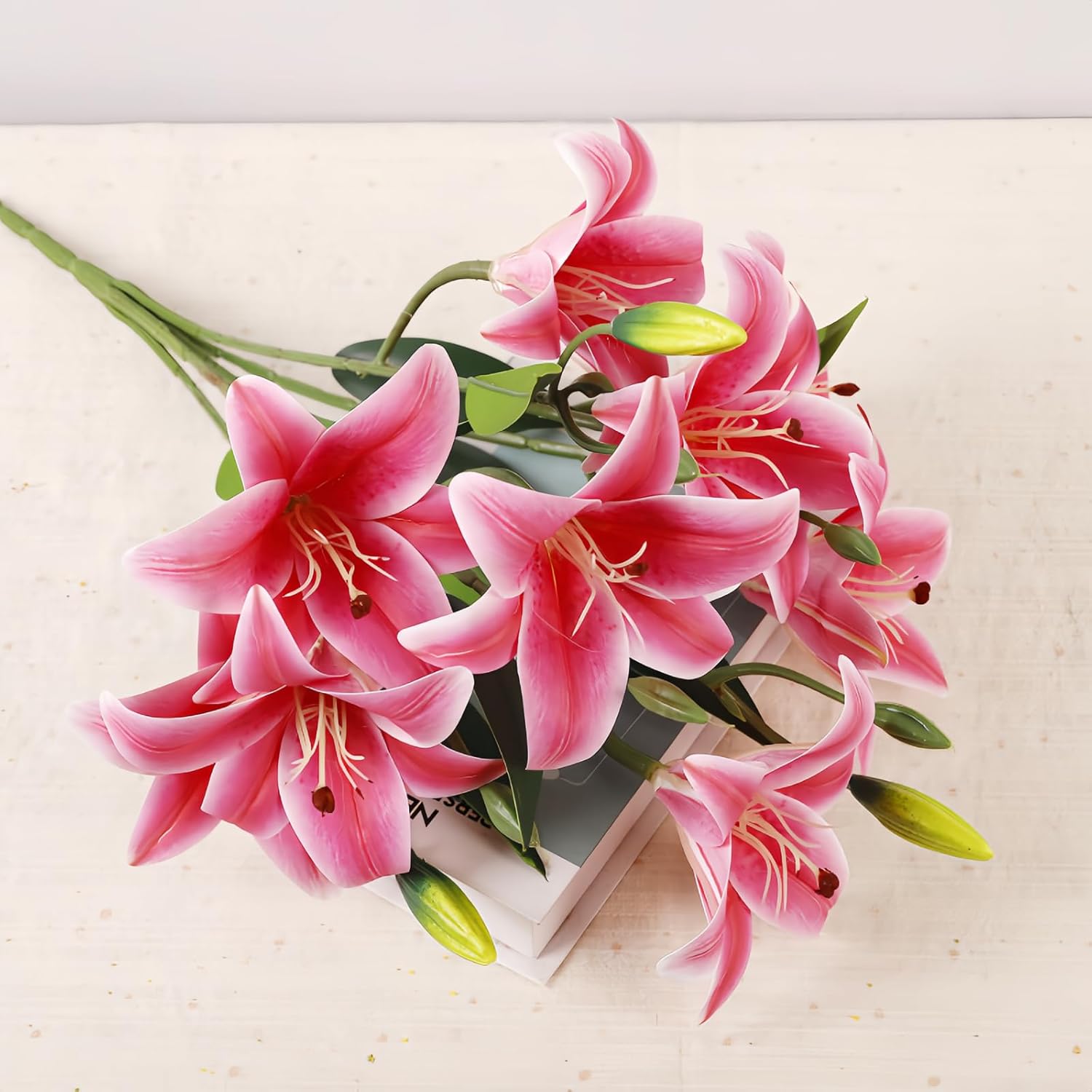 ASTRYAS 18 Heads Artifical Lily Flowers, Long Stem Artificial Stargazer Lilies Faux Fake Lily Flower Bouquets for Home Hotel Office Party Decor Table Centerpieces(2,Hot Pink