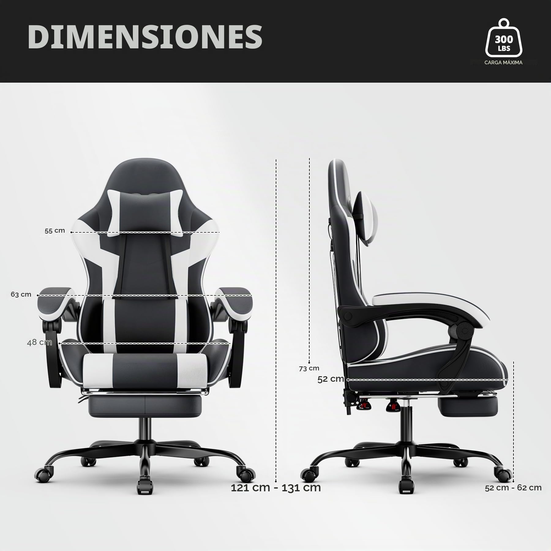 Silla ergonómica para videojuegos, con reposapiés, reposabrazos ajustables, silla de oficina ergonómica con soporte lumbar, color negro y blanco