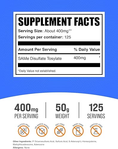 Miniatura 2 de BulkSupplements. com Same Powder - S-adenosil-L-metionina, suplemento SAM-e - para la salud de las articulaciones, sin gluten - SAM-e 400mg por