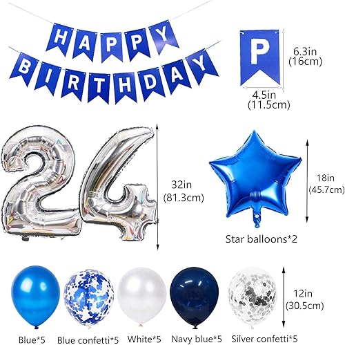 Miniatura 3 de 24th Birthday Party Decoration Blue for Men, Happy Birthday Banner Blue Number 24 Birthday Star Foil Balloons Latex Confetti Balloons for Men Him 24