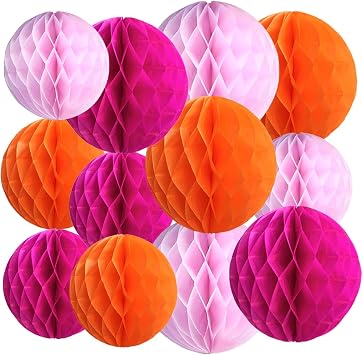Paper Honeycomb Balls Decorations - 12 Pack Hanging Tissue Pom Poms for Weddings, Birthdays, Home Party Decor Rose red Light Pink Orange