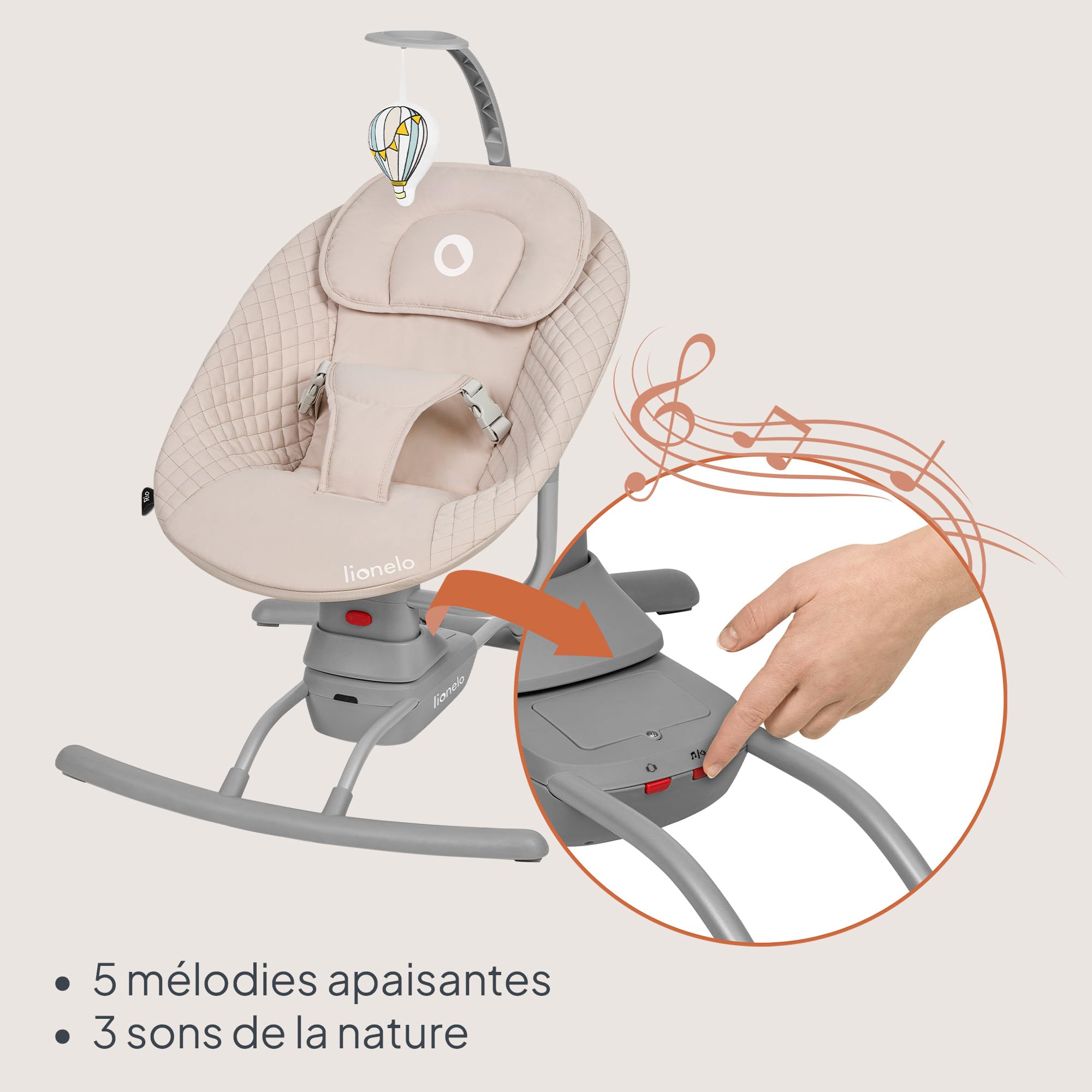 LIONELO RIO Transat Balancelle Électrique pour Bébés jusqu'à 9 kg Dossier Réglable, 3 vitesses de Balancement, Coussin, Sangles de Sécurité, Mélodies et Sons de la Nature, Bâtonnet pour Jouet, Légère