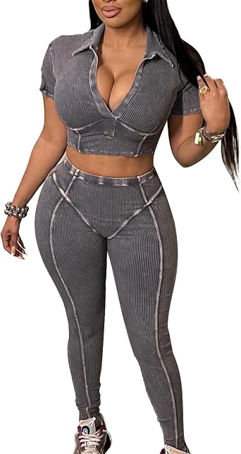 Ecirod Womens Ribbed Knit 2 Piece Outfits Summer Deep V Neck Short Sleeve Crop Tops High Waisted Leggings Sweatsuit