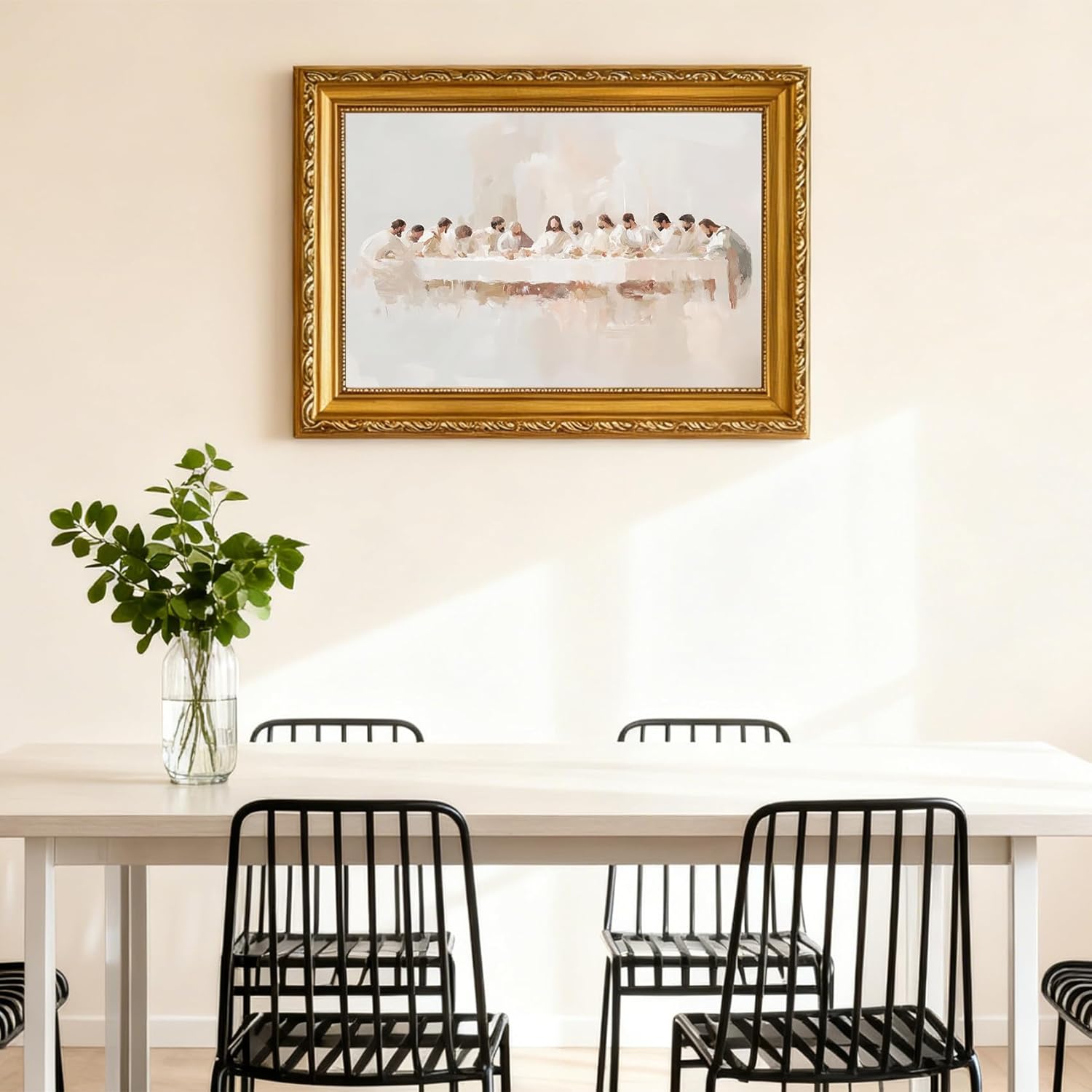 QWETYY666 Gold Framed The Last Supper Wall Art Jesus Last Supper Canvas Wall Decor Christian Picture Print Religious Christ for Living Room Dining Room Church Home Painting Artwork 16x24 inch