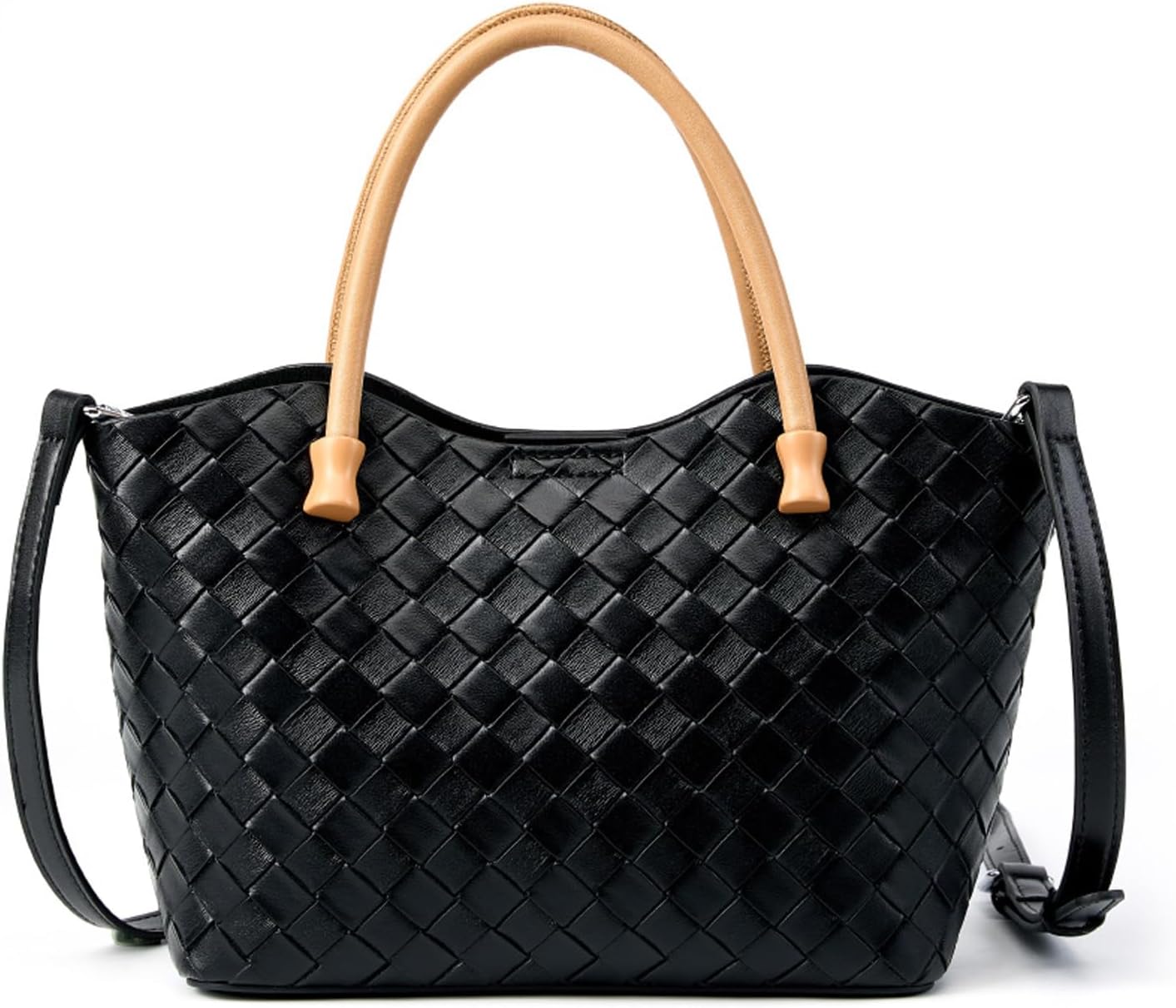 Woven Tote Bag for Women with Zipper, Small Genuine Leather Purse Handbags, Top-handle Satchel Shoulder Bags