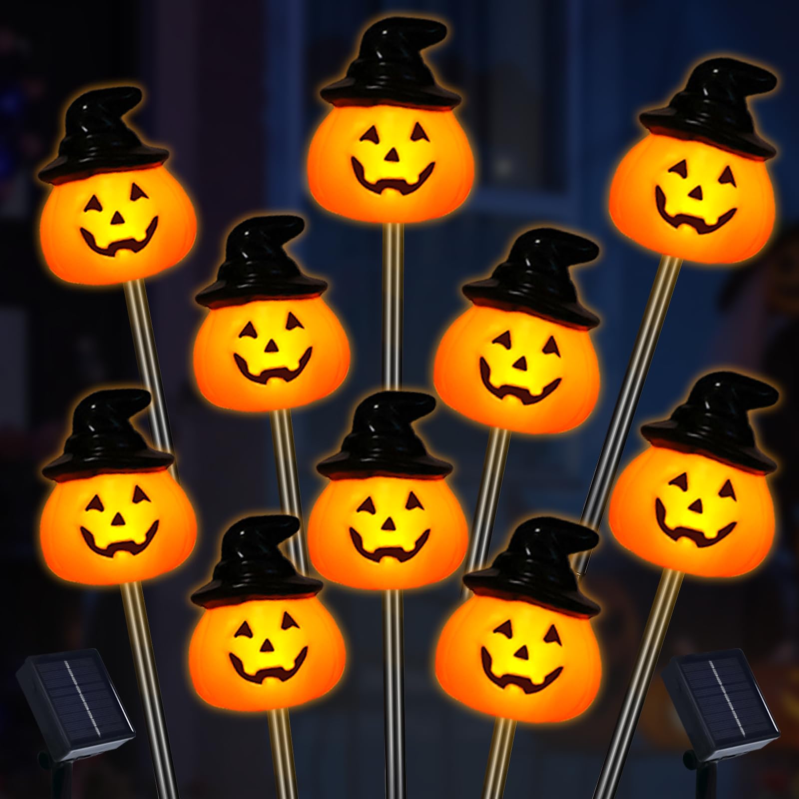 Lot de 10 lampes solaires en forme de citrouille pour Halloween, décorations d'Halloween pour extérieur jardin et cour (citrouille chapeau)