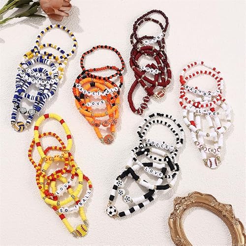 Pingyongchang Game Day Stackable Beaded Bracelets for Women Sports Fan Charm Bracelet Adjustable Heishi Clay Stretch Bangles Football Mom Accessories Holiday Gifts-Basketball D - Thumbnail 4